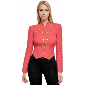 imageHybrid ampamp Company Womens Fashion Military Crop Premium Ultra Stretch GoldSliver Zip Up Dressy Blazer JacketCoral