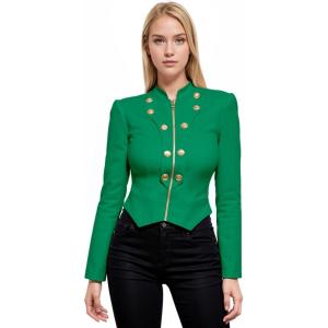 imageHybrid ampamp Company Womens Fashion Military Crop Premium Ultra Stretch GoldSliver Zip Up Dressy Blazer JacketKelly Gree