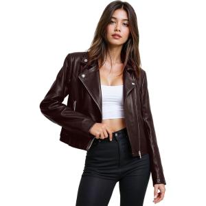 imageOlivia Miller Womens Faux Leather Moto Biker Jacket Long Sleeve Zip JacketJk5208brown