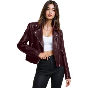 imageOlivia Miller Womens Faux Leather Moto Biker Jacket Long Sleeve Zip JacketJk5208burgundy