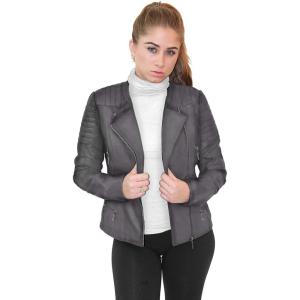 imageOlivia Miller Womens Faux Leather Zip Up Moto Biker JacketGrey