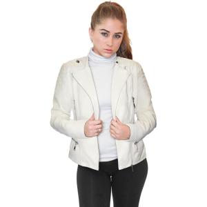 imageOlivia Miller Womens Faux Leather Zip Up Moto Biker JacketIvory