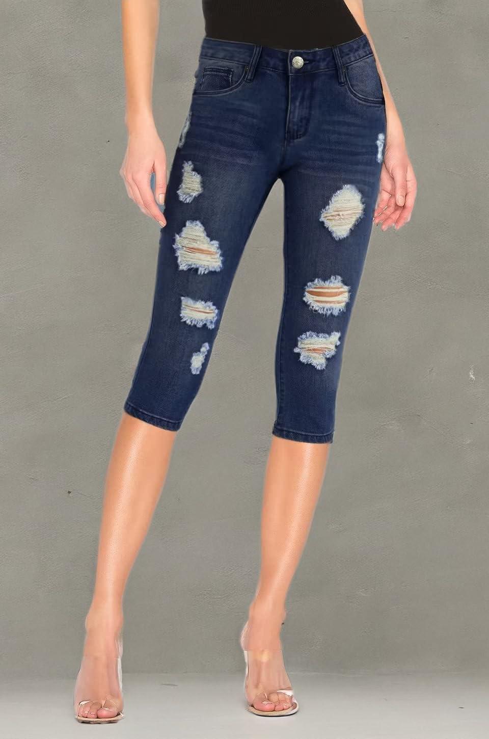 imageHybrid ampamp Company Womens Slim Fit Super Stretch Denim Capri ShortsRippeddarkwash