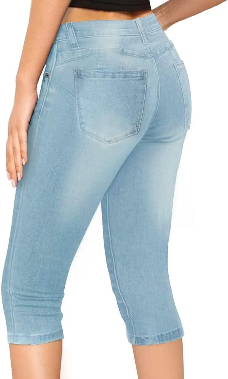 imageHybrid ampamp Company Womens Slim Fit Super Stretch Denim Capri ShortsRippedlight Wash