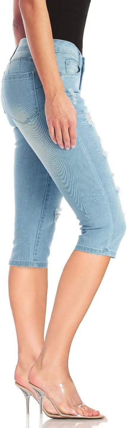 imageHybrid ampamp Company Womens Slim Fit Super Stretch Denim Capri ShortsRippedlight Wash