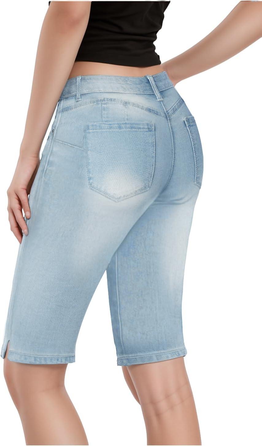 imageHybrid ampamp Company Womens Super Comfy Stretch Destructed Denim Bermuda Shorts CapriRippedlight Wash