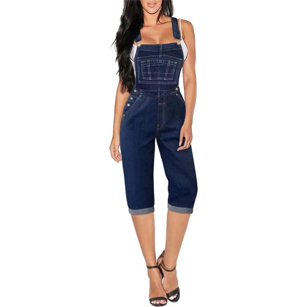 imageHybrid ampamp Company Womens Denim Bib Sleeveless Overalls Utility Rompers Capri Jumpsuit with PocketsQvj156998darkwash