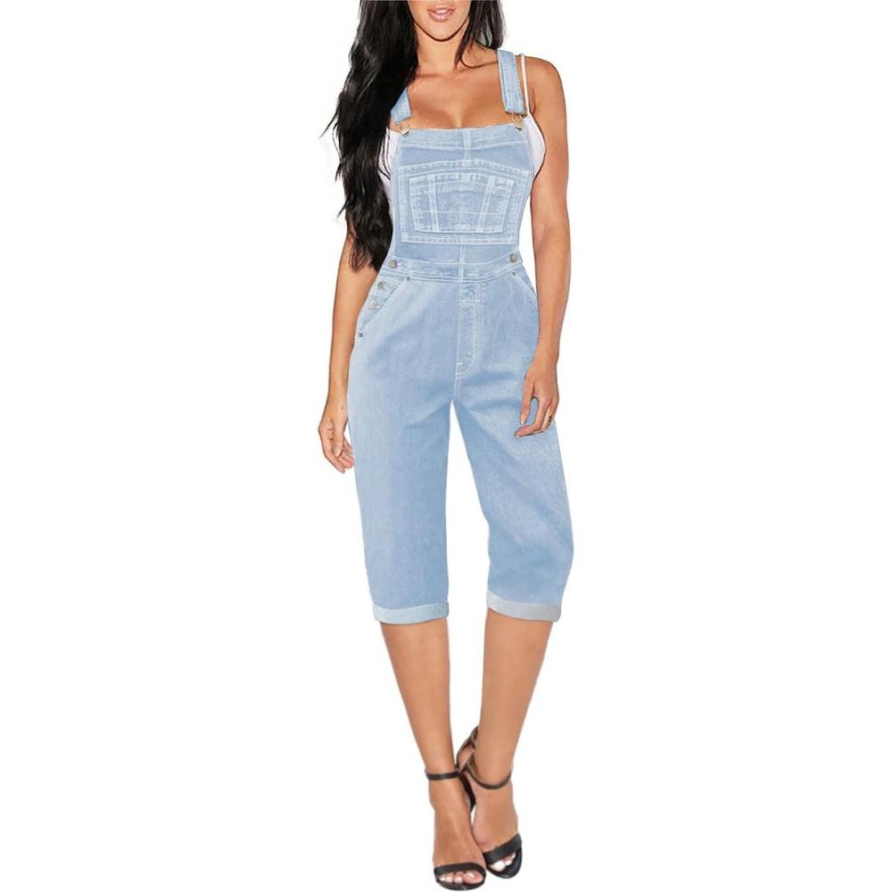 imageHybrid ampamp Company Womens Denim Bib Sleeveless Overalls Utility Rompers Capri Jumpsuit with PocketsQvj156998light Wash