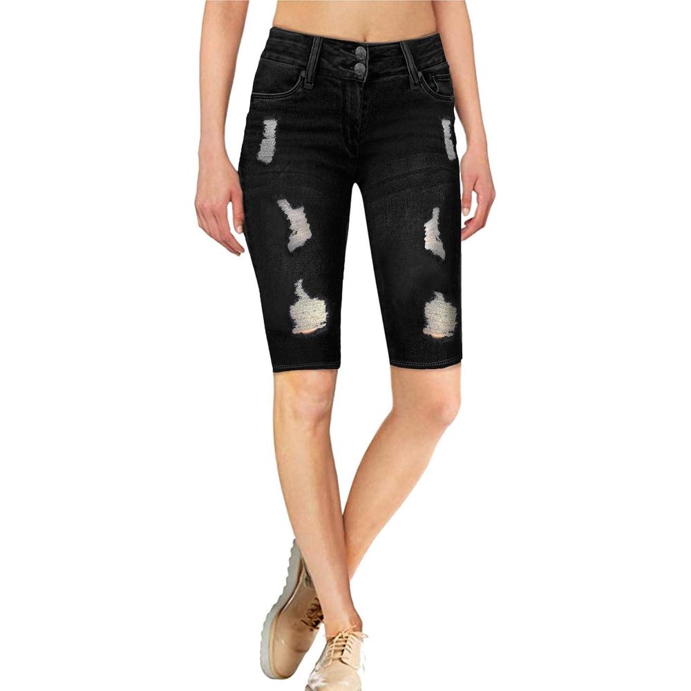 imageHybrid ampamp Company Womens Super Comfy Stretch Destructed Denim Bermuda Shorts CapriDestructedbermudablack