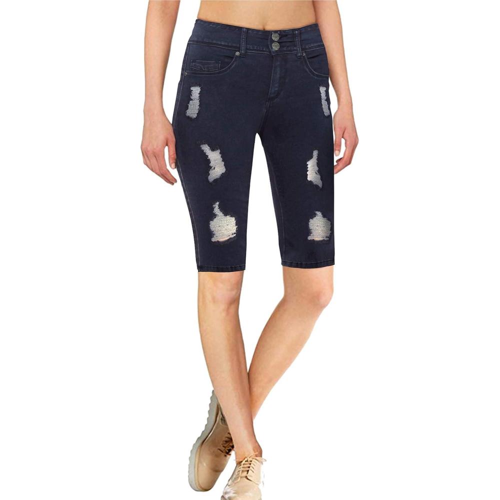 imageHybrid ampamp Company Womens Super Comfy Stretch Destructed Denim Bermuda Shorts CapriDestructedbermudaindigo