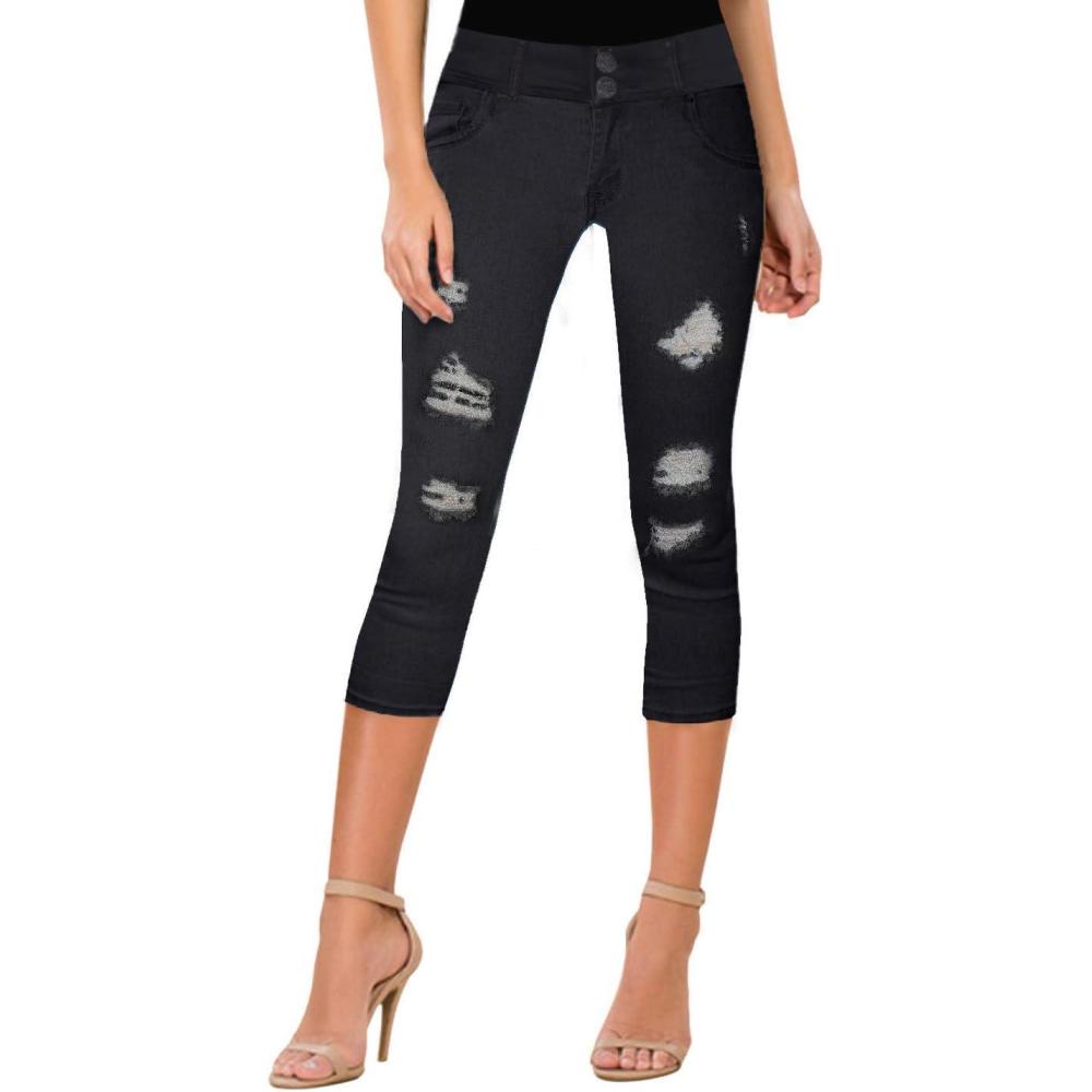 imageHybrid ampamp Company Womens Super Comfy Stretch Destructed Denim Bermuda Shorts CapriDestructedcapriblack