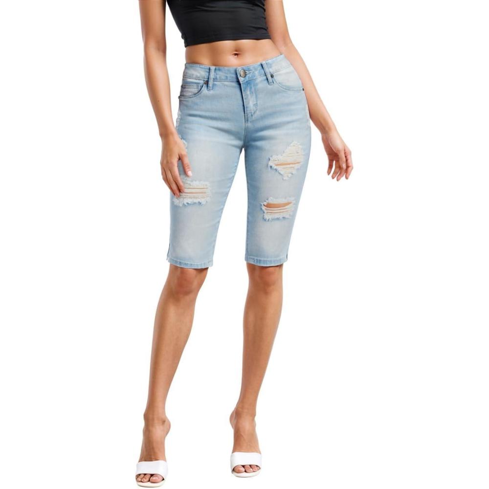imageHybrid ampamp Company Womens Super Comfy Stretch Destructed Denim Bermuda Shorts CapriRippedlight Wash