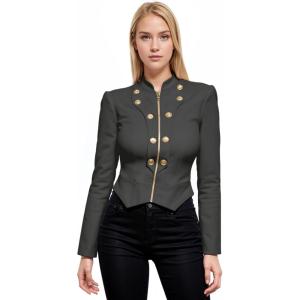 imageHybrid ampamp Company Womens Fashion Military Crop Premium Ultra Stretch GoldSliver Millennium Zipper Up Dressy Blazer JacketCharcoal