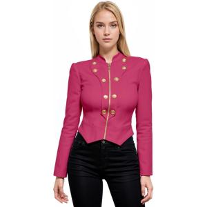 imageHybrid ampamp Company Womens Fashion Military Crop Premium Ultra Stretch GoldSliver Millennium Zipper Up Dressy Blazer JacketFuchsia