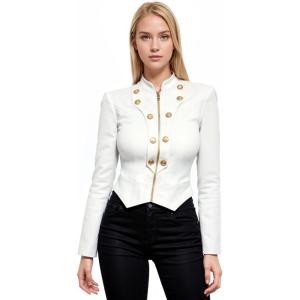imageHybrid ampamp Company Womens Fashion Military Crop Premium Ultra Stretch GoldSliver Millennium Zipper Up Dressy Blazer JacketIvory