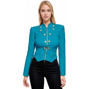 imageHybrid ampamp Company Womens Fashion Military Crop Premium Ultra Stretch GoldSliver Millennium Zipper Up Dressy Blazer JacketJade