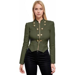 imageHybrid ampamp Company Womens Fashion Military Crop Premium Ultra Stretch GoldSliver Millennium Zipper Up Dressy Blazer JacketOlive