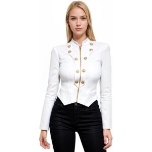 imageHybrid ampamp Company Womens Fashion Military Crop Premium Ultra Stretch GoldSliver Millennium Zipper Up Dressy Blazer JacketWhite