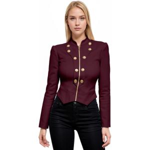 imageHybrid ampamp Company Womens Fashion Military Crop Premium Ultra Stretch GoldSliver Millennium Zipper Up Dressy Blazer JacketWine