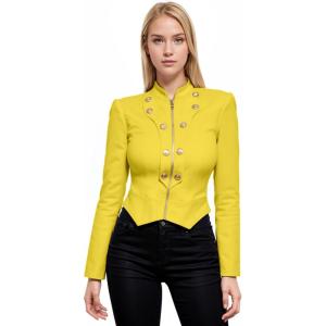 imageHybrid ampamp Company Womens Fashion Military Crop Premium Ultra Stretch GoldSliver Millennium Zipper Up Dressy Blazer JacketYellow olive mint