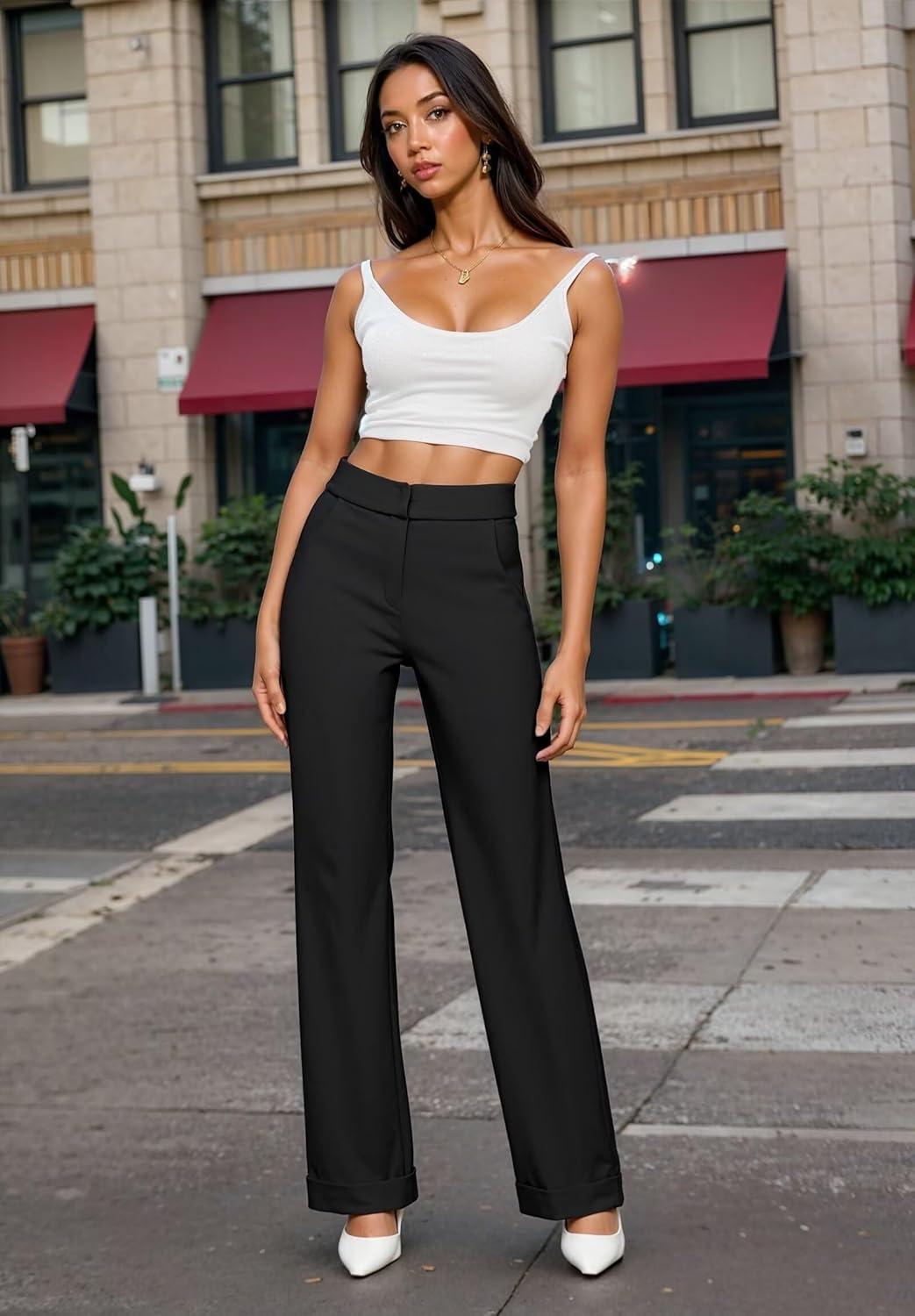 imageHybrid ampamp Company Womens High Waisted Straight Leg Suit Pants Business Work Casual Slacks TrousersBlack