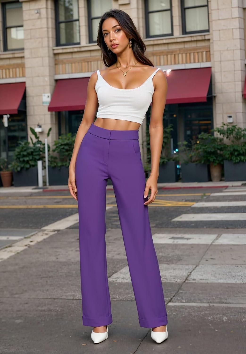imageHybrid ampamp Company Womens High Waisted Straight Leg Suit Pants Business Work Casual Slacks TrousersPurple