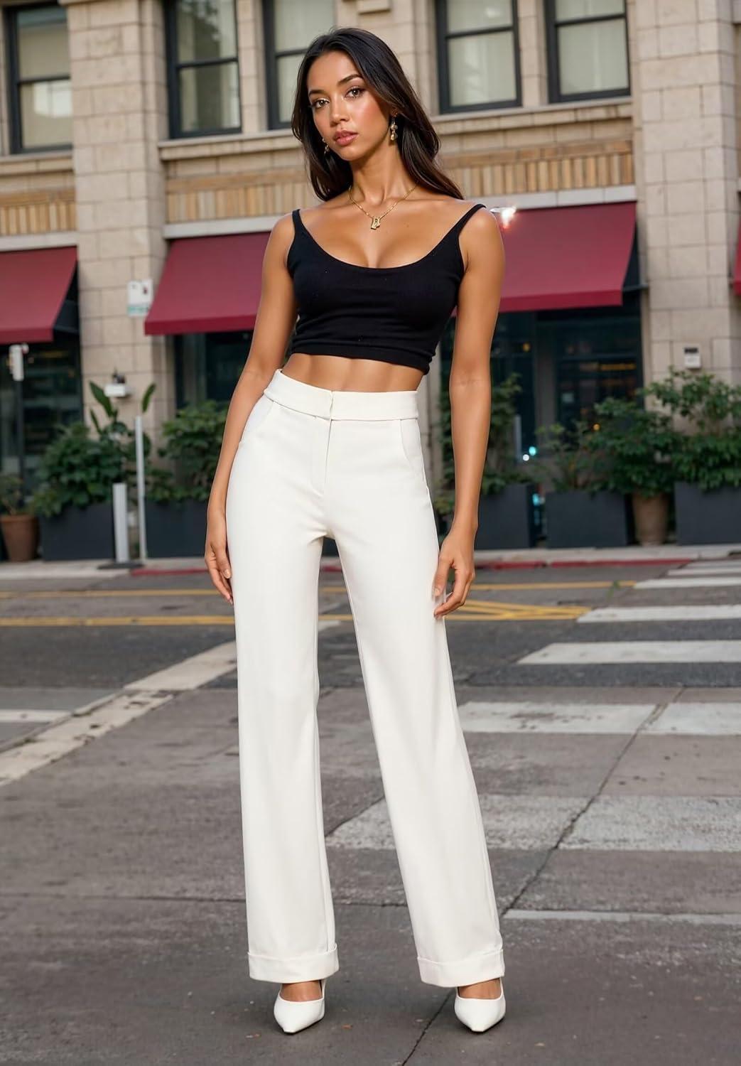 imageHybrid ampamp Company Womens High Waisted Straight Leg Suit Pants Business Work Casual Slacks TrousersWhite