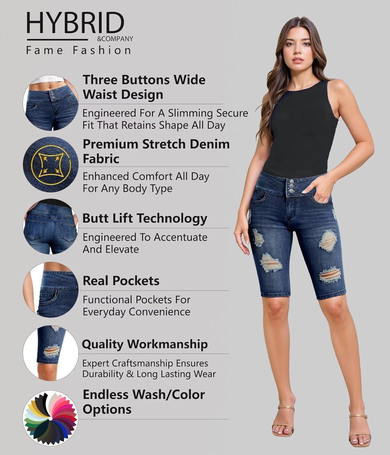 imageHybrid ampamp Company Womens Perfectly Shaping Hyper Stretch Bermuda Shorts CapriDestructedbermudamedblu