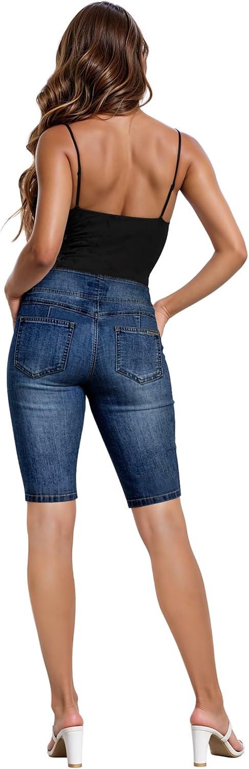 imageHybrid ampamp Company Womens Perfectly Shaping Hyper Stretch Bermuda Shorts CapriDestructedbermudamedblu