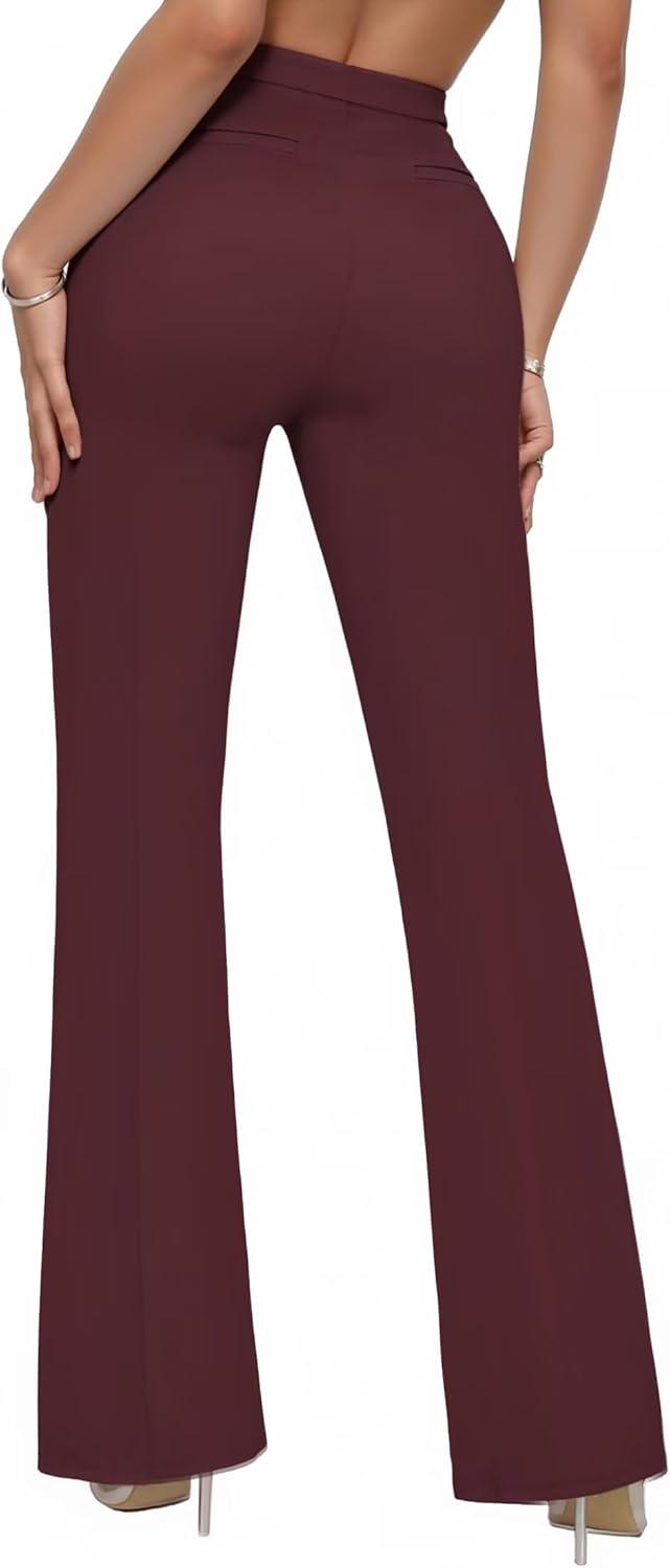 imageHybrid ampamp Company Womens Ultra Stretch Ponte Flare PantsHigh RiseFaux PocketsPull OnWrinkle ResistantCasual ampamp Office WearBurgundy