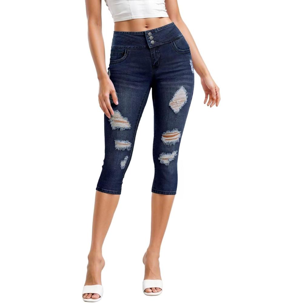 imageHybrid ampamp Company Womens Perfectly Shaping Hyper Stretch Bermuda Shorts CapriDestructedcapridwash