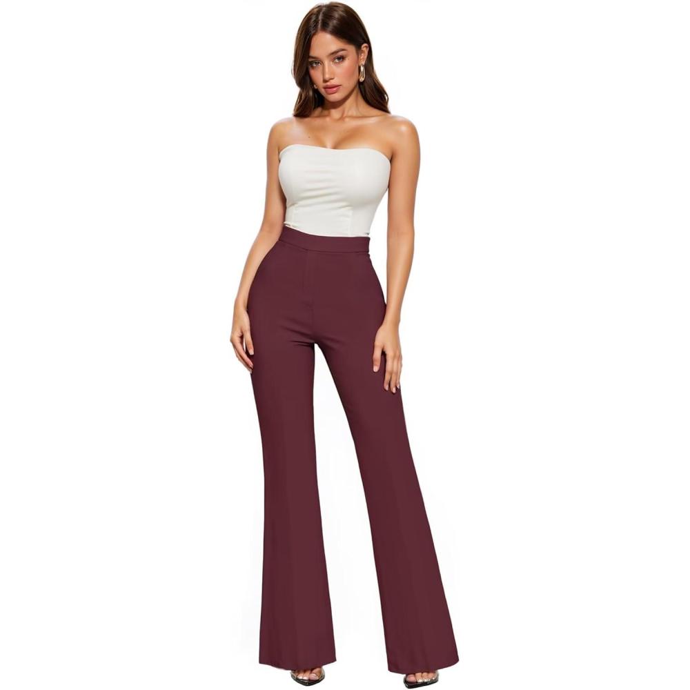 imageHybrid ampamp Company Womens Ultra Stretch Ponte Flare PantsHigh RiseFaux PocketsPull OnWrinkle ResistantCasual ampamp Office WearBurgundy