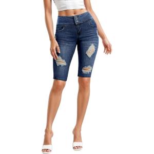 imageHybrid ampamp Company Womens Perfectly Shaping Hyper Stretch Bermuda Shorts CapriDestructedbermudamedblu