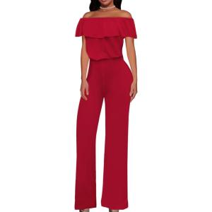 imageHybrid ampamp Company Womens Lightweight Off Shoulder Jumpsuit  Stretchy Wide Leg Romper  Casual to Formal One Piece OutfitRed