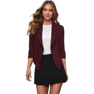 image:imageHybrid amp Company Lightweight Open Front Cardigan Classic Ruched Sleeve Work Office Blazer Suit JacketsBurgundy