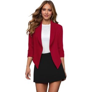 image:imageHybrid amp Company Lightweight Open Front Cardigan Classic Ruched Sleeve Work Office Blazer Suit JacketsRed